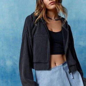 BDG Urban Outfitters Cropped Waffle-Knit Full Zip Hoodie
